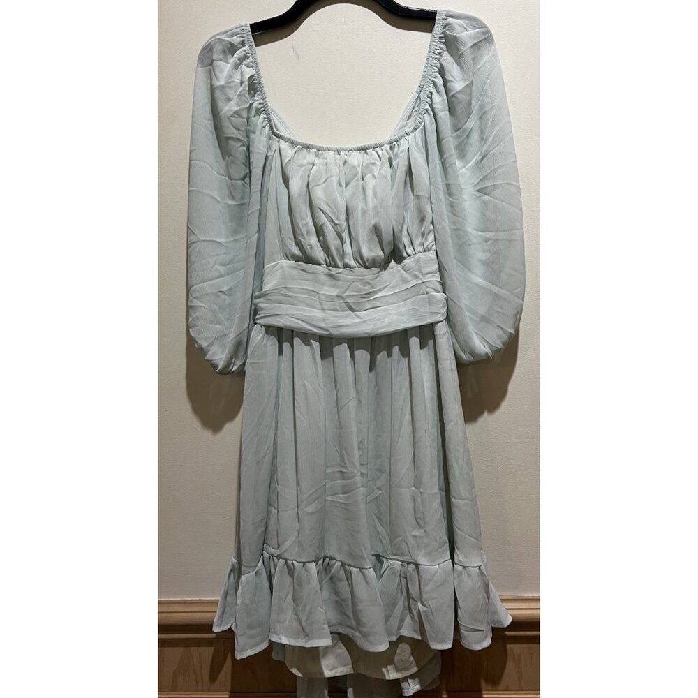 Light Blue Puff Sleeve Midi Dress with Waistband
